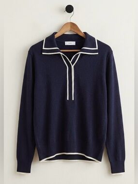 Women｜Navy Contrast-Trim Polo Sweater｜Office outfit